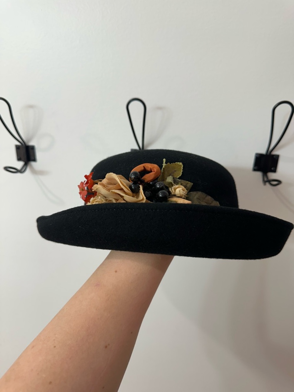 Vintage 100% Black Wool Felt 60’s Style Bowler Hat with Floral Trim